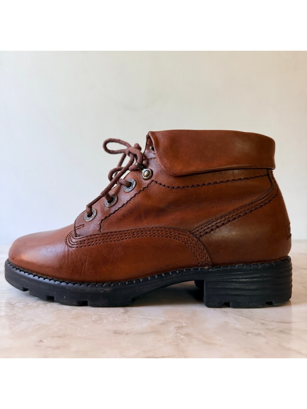 Earth Shoe Brown Leather Ankle Boots Lace UP Fold Over Gorpcore Granola Boots 6W